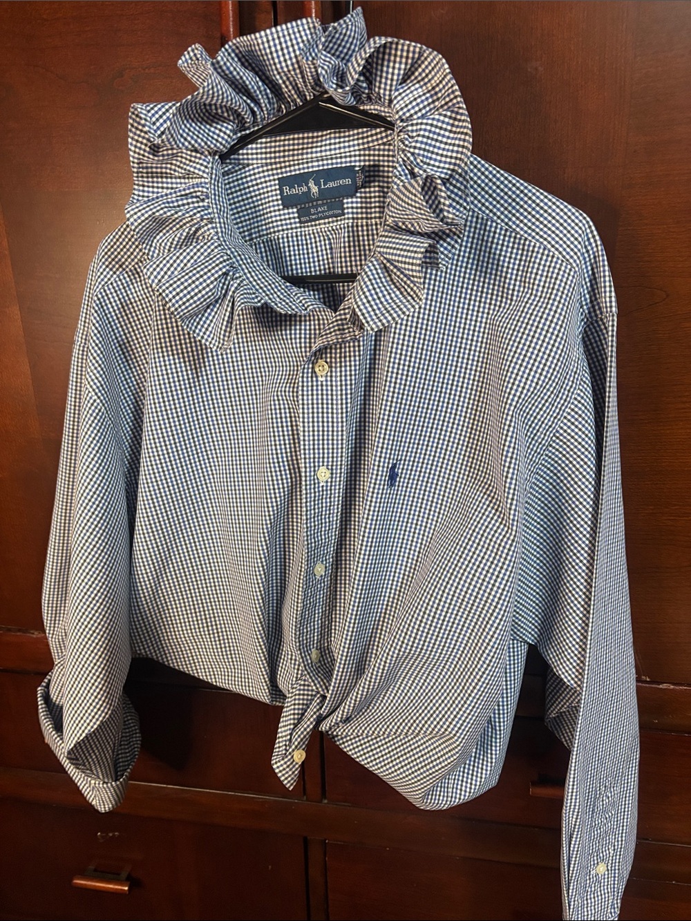 Upcycled/Reloved Ralph Lauren Navy/White Gingham Ruffle-Collar Shirt